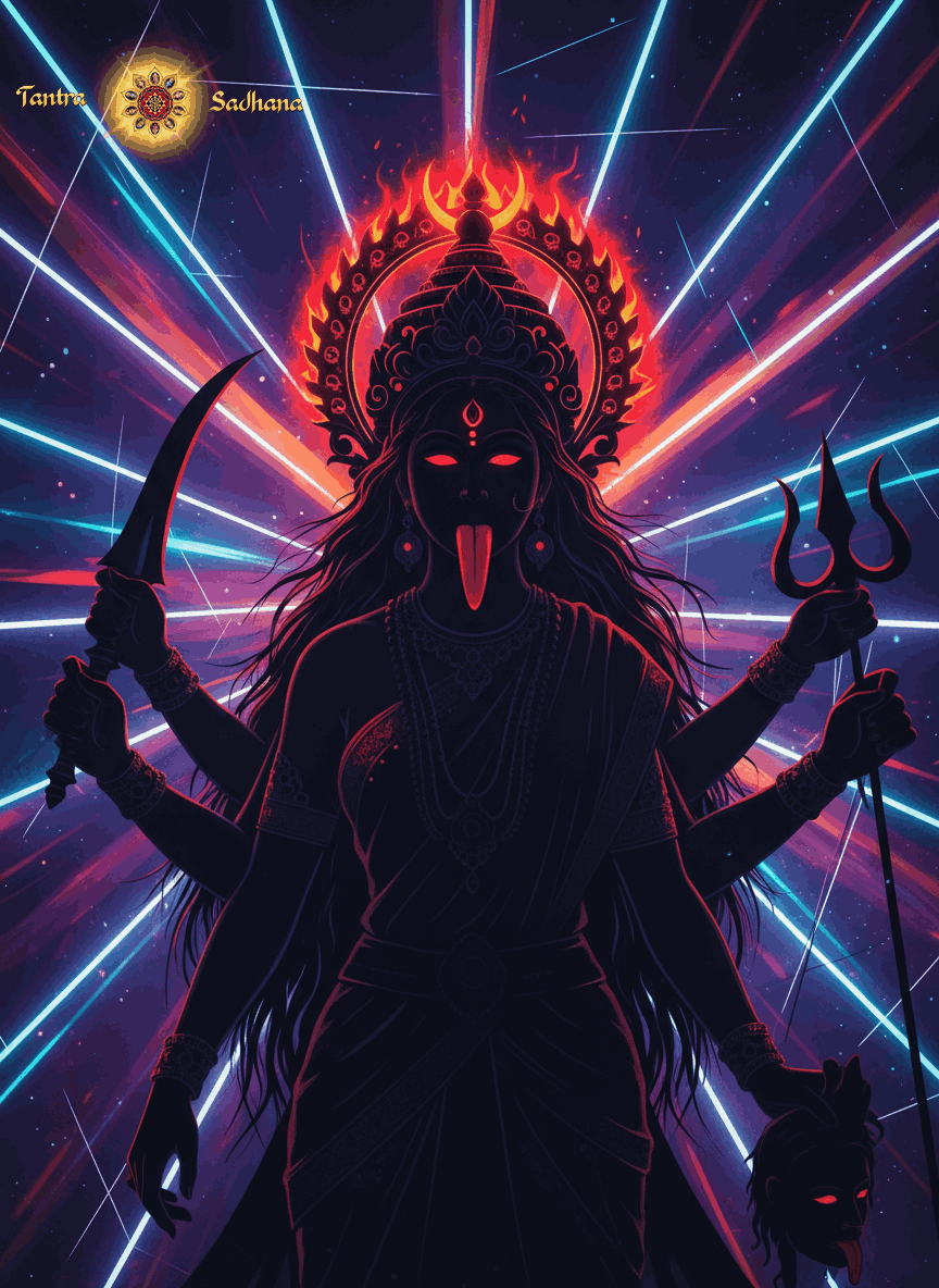 6-armed Goddess Kali silhouette, with luminous red eyes and a lolling tongue, holding a trident, sword, and severed head.