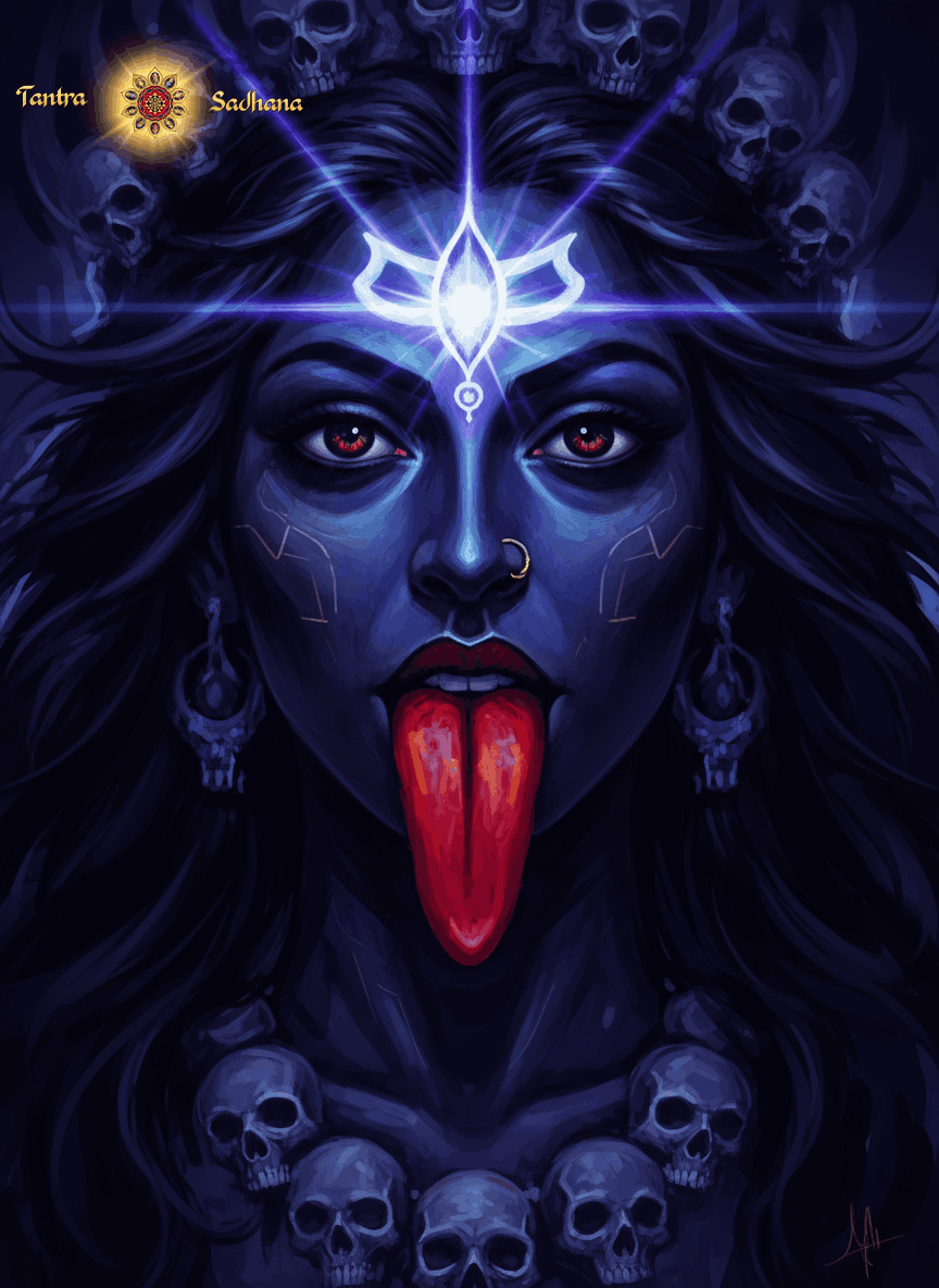 A facial portrait of Goddess Kali with a lolling tongue and 3 eyes. Her head and neck are adorned with human skulls.