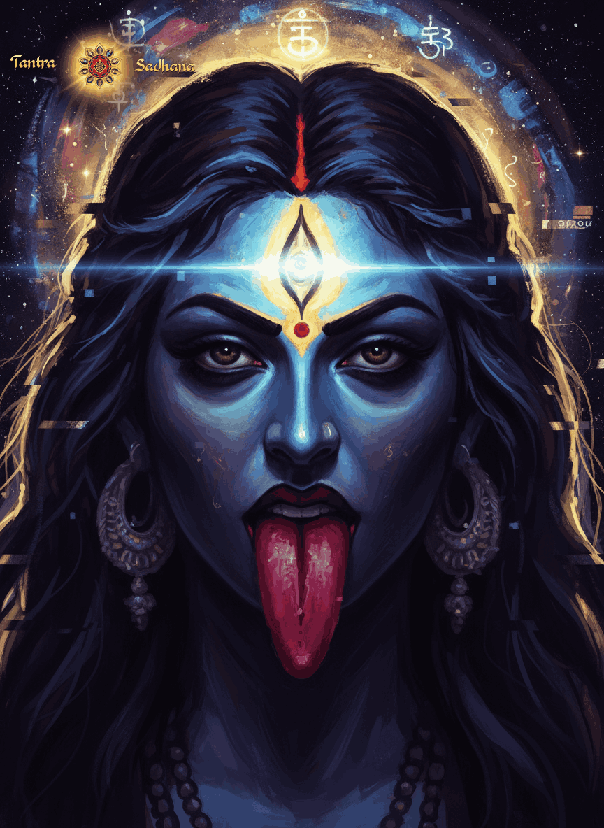 Goddess Kali's face, with a lolling tongue and 3 eyes — the vertical one having a yellow outline and emitting blue light.