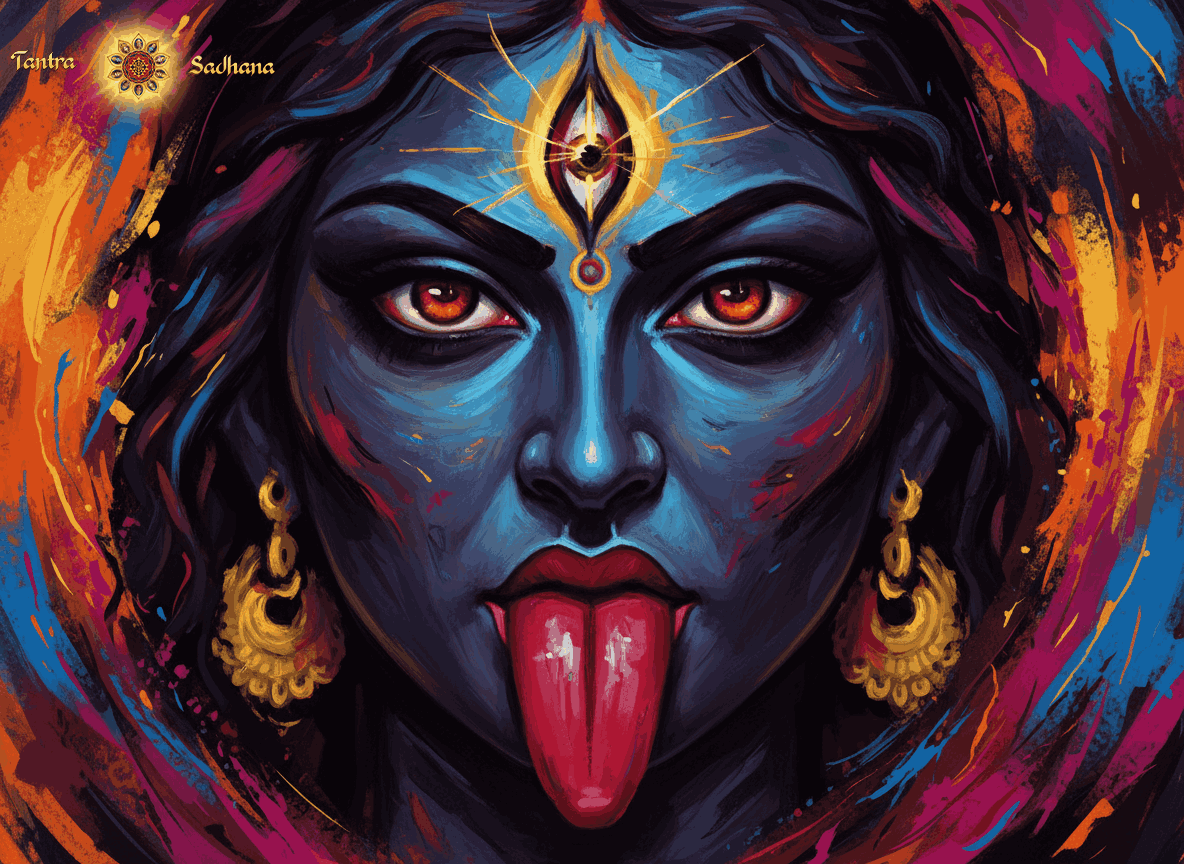 A facial portrait of Goddess Kali with a lolling tongue and 3 eyes — the 3rd, vertical one radiating yellow light.