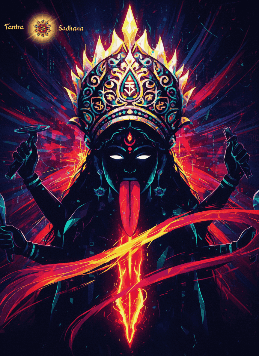 Ma Kali’s upper body, with a magnificent crown, 4 arms and lolling tongue, which appears extended by a vertical flame.