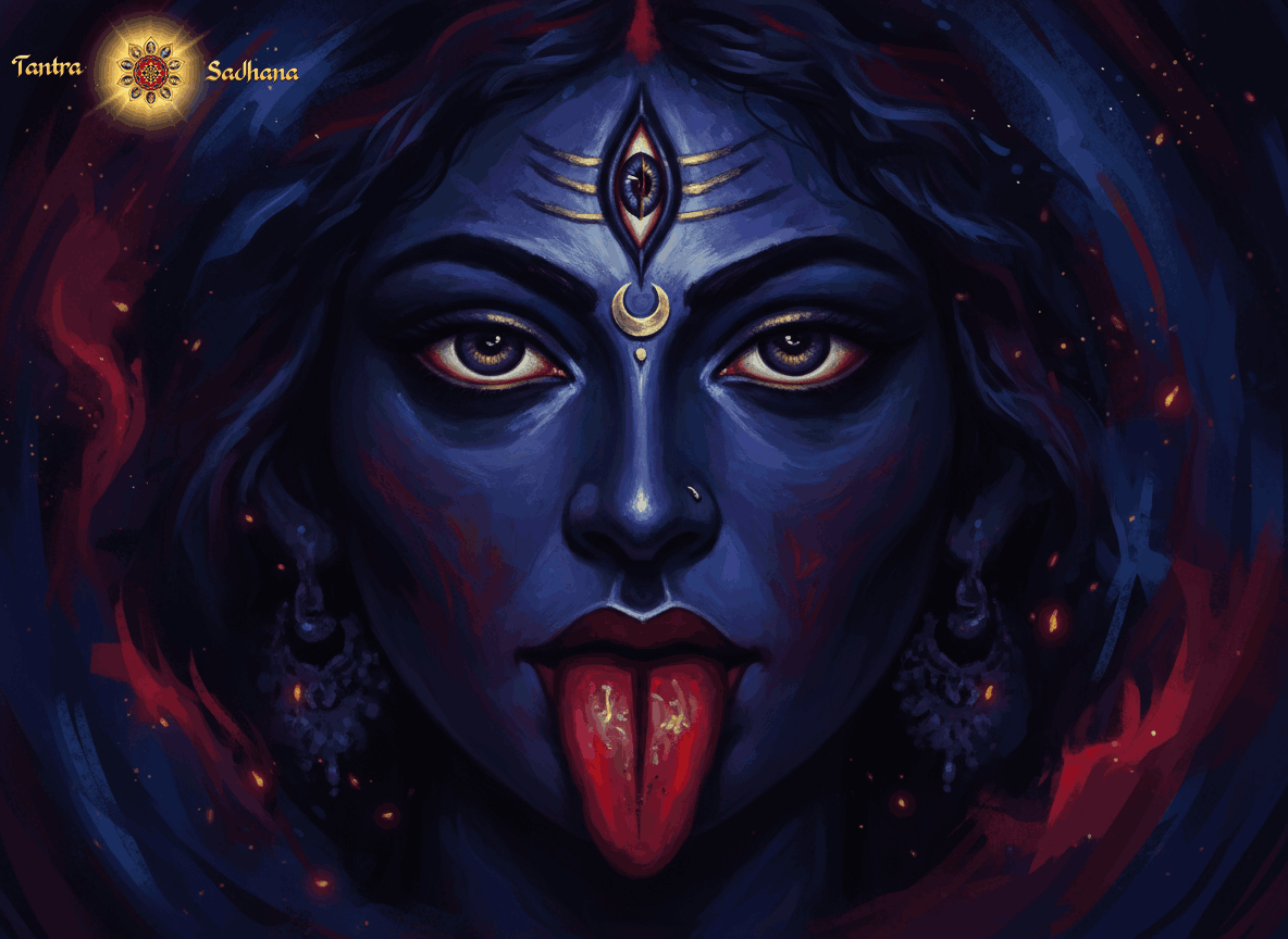 A facial portrait of Goddess Kali with a lolling tongue and 3 eyes — the 3rd, vertical one overlapping a Tripundra Tilak.