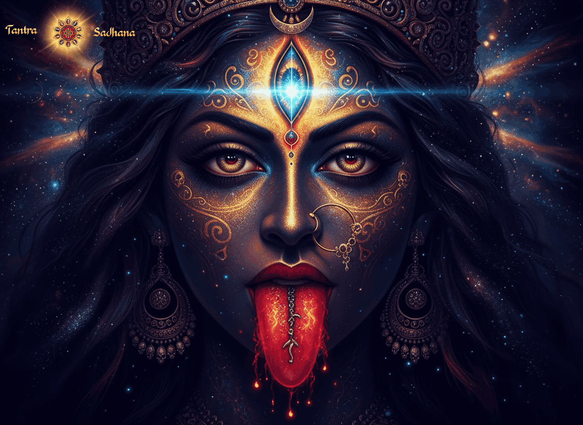 A facial portrait of Goddess Kali with a lolling tongue and 3 eyes — the 3rd, vertical one emitting blue light.