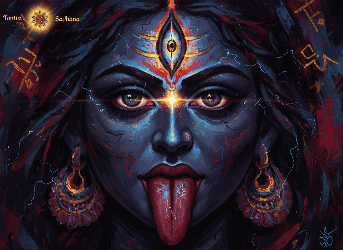 A facial portrait of Goddess Kali with a lolling tongue and 3 eyes, with a luminous point between Her 2 horizontal eyes.